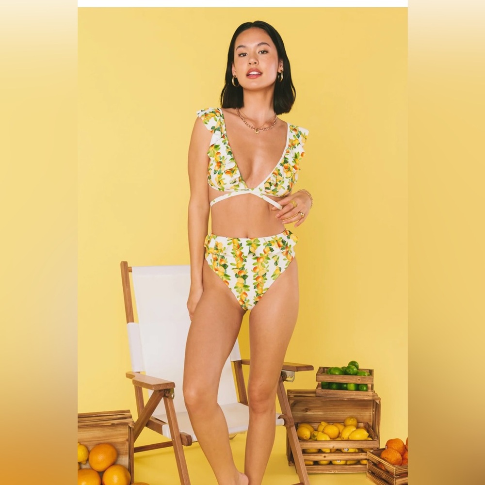 Show Me Your MuMu Yellow Lemon Print Ruffle Bikini Set